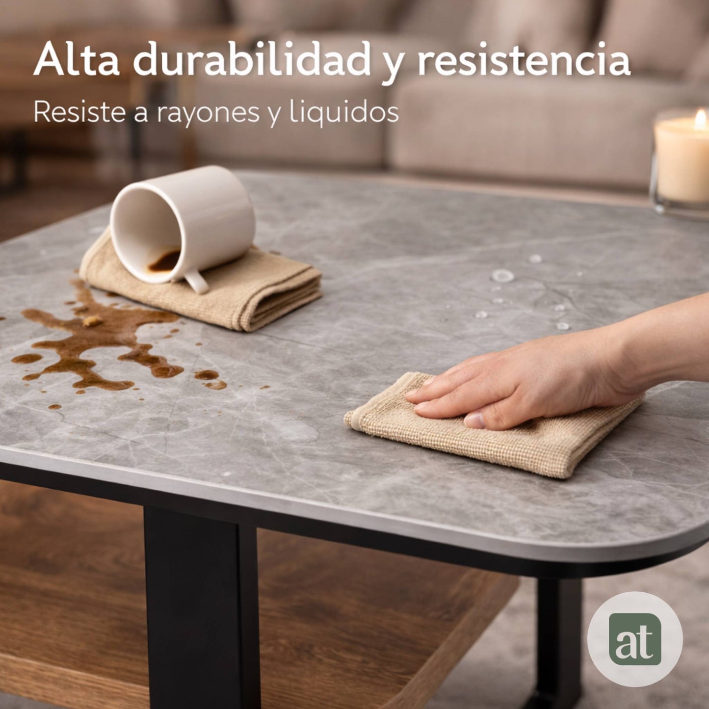 Mesa Auxiliar para Sala - Repisa Superior de Piedra Sinterizada Gris e Inferior de MDF Nogal