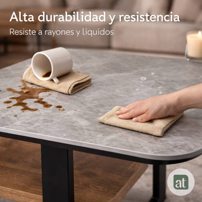 Mesa Auxiliar para Sala - Repisa Superior de Piedra Sinterizada Gris e Inferior de MDF Nogal