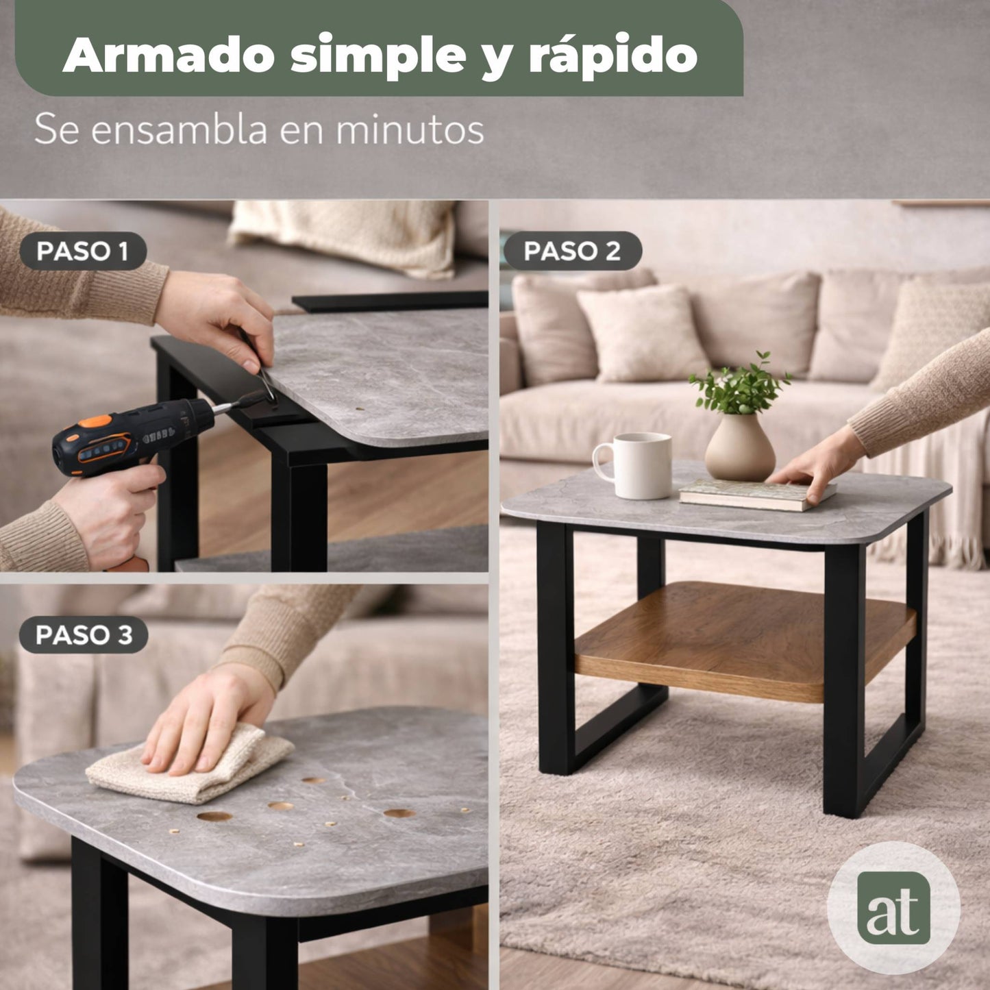 Mesa Auxiliar para Sala - Repisa Superior de Piedra Sinterizada Gris e Inferior de MDF Nogal