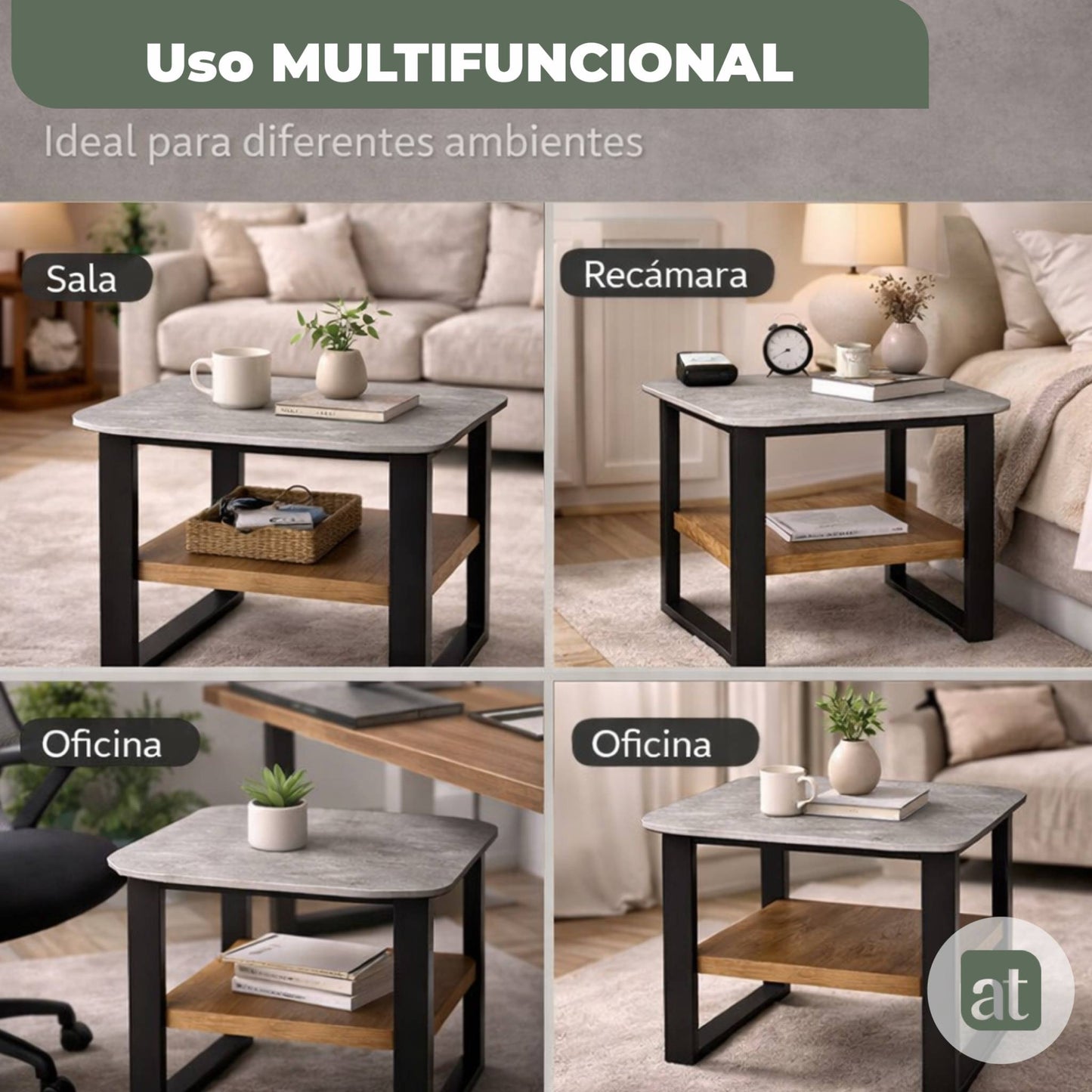 Mesa Auxiliar para Sala - Repisa Superior de Piedra Sinterizada Gris e Inferior de MDF Nogal