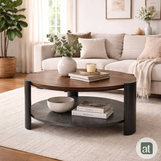Mesa De Centro Redonda para Sala con 2 Repisas Madera de MDF 83 diamX43cm Alto
