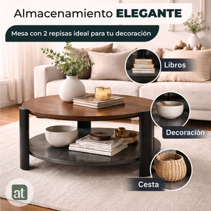 Mesa De Centro Redonda para Sala con 2 Repisas Madera de MDF 83 diamX43cm Alto