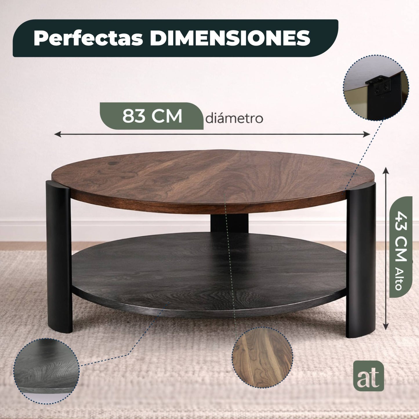 Mesa De Centro Redonda para Sala con 2 Repisas Madera de MDF 83 diamX43cm Alto