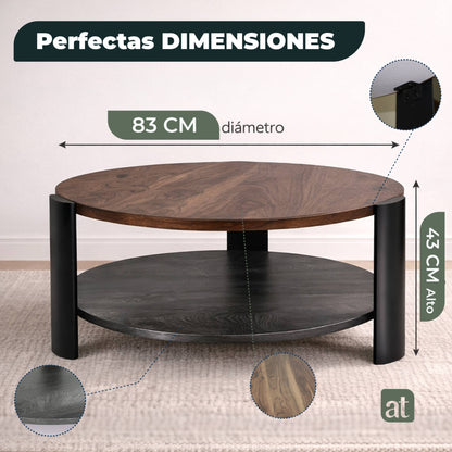 Mesa De Centro Redonda para Sala con 2 Repisas Madera de MDF 83 diamX43cm Alto
