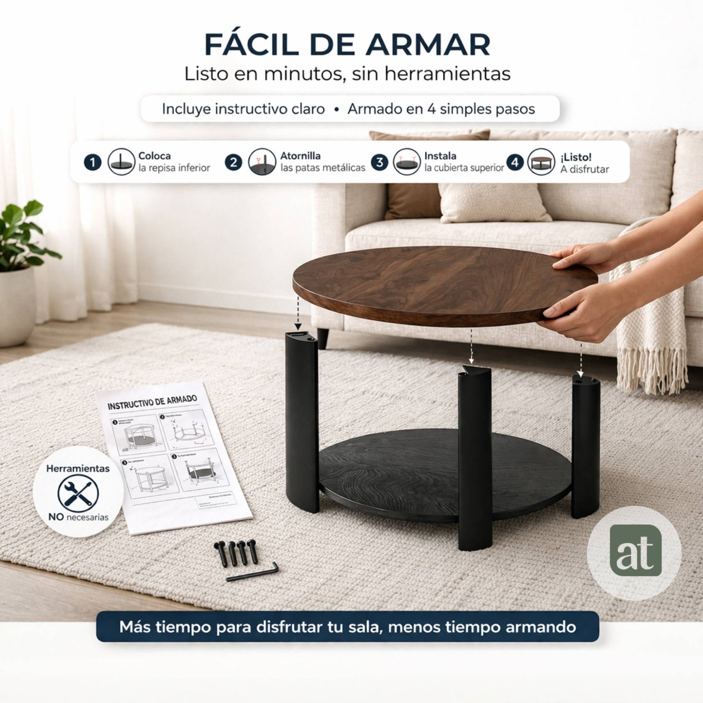 Mesa De Centro Redonda para Sala con 2 Repisas Madera de MDF 83 diamX43cm Alto