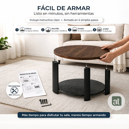 Mesa De Centro Redonda para Sala con 2 Repisas Madera de MDF 83 diamX43cm Alto