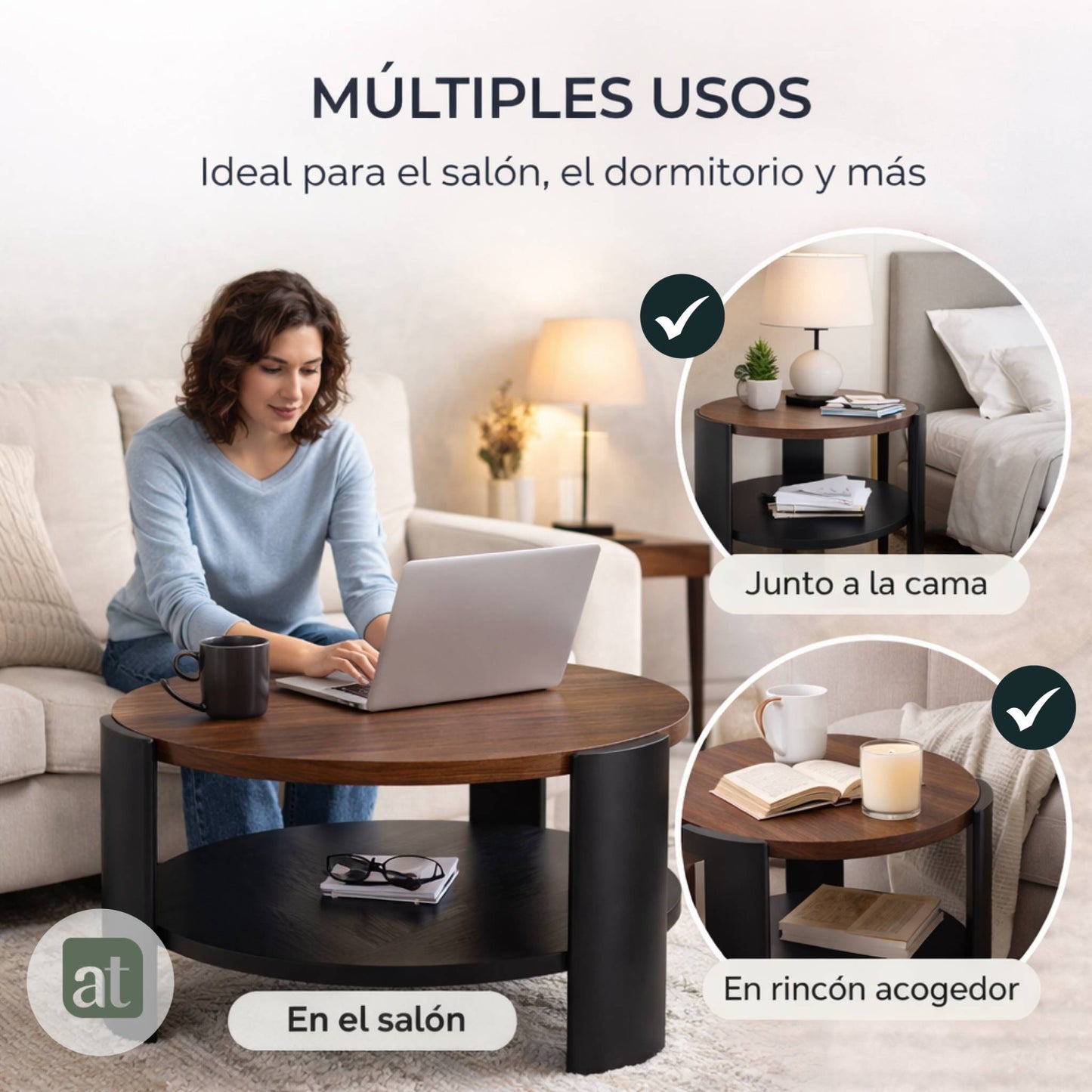 Mesa De Centro Redonda para Sala con 2 Repisas Madera de MDF 83 diamX43cm Alto