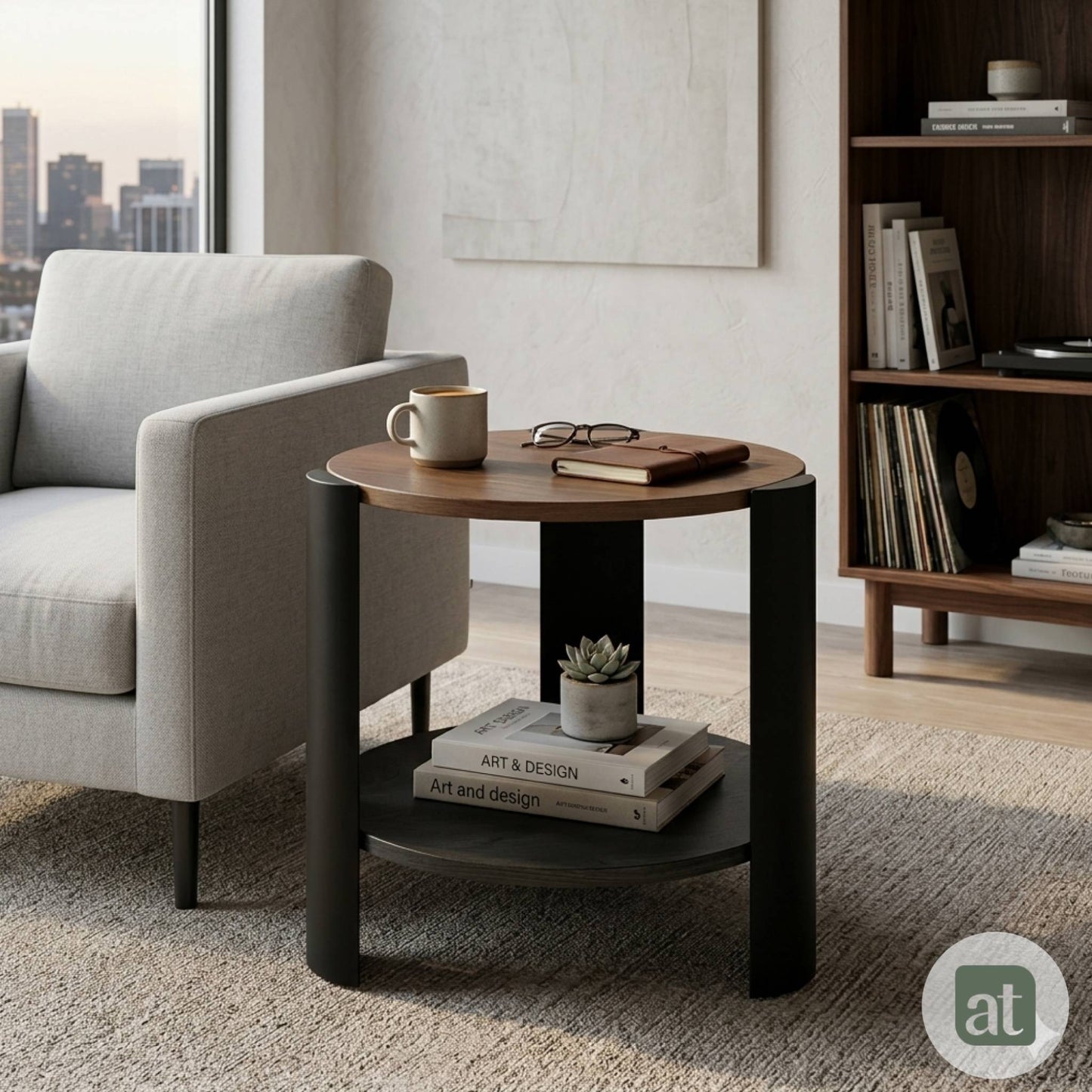 Mesa Auxiliar Redonda Diseño Minimalista MDF Melamina 2 Repisas 50 diamX50cm alto