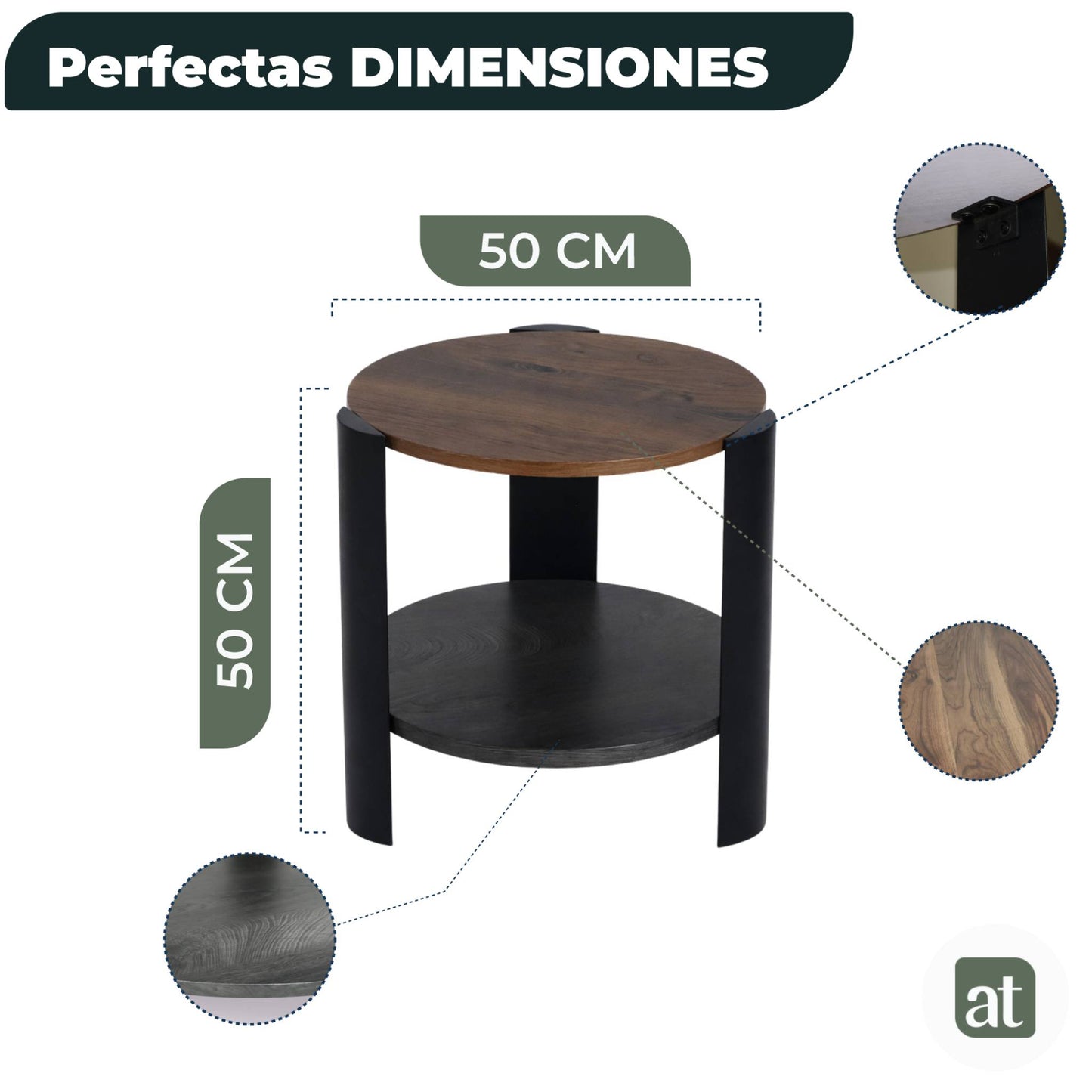 Mesa Auxiliar Redonda Diseño Minimalista MDF Melamina 2 Repisas 50 diamX50cm alto