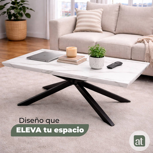Mesa De Centro Rectangular para Sala Cubierta Madera de MDF y melamina Apariencia de mármol Cuarzo - 110x60x42cm