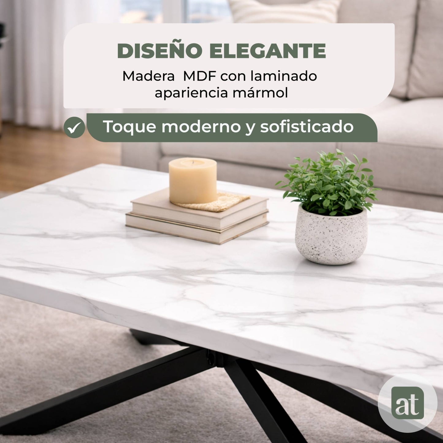 Mesa De Centro Rectangular para Sala Cubierta Madera de MDF y melamina Apariencia de mármol Cuarzo - 110x60x42cm