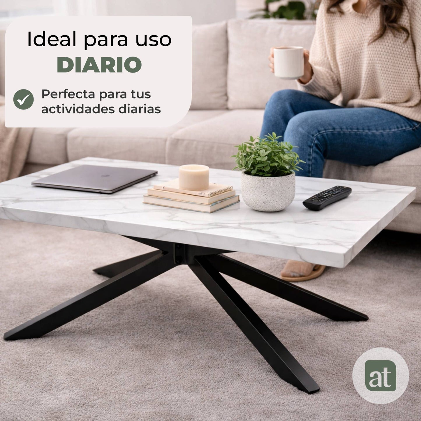 Mesa De Centro Rectangular para Sala Cubierta Madera de MDF y melamina Apariencia de mármol Cuarzo - 110x60x42cm