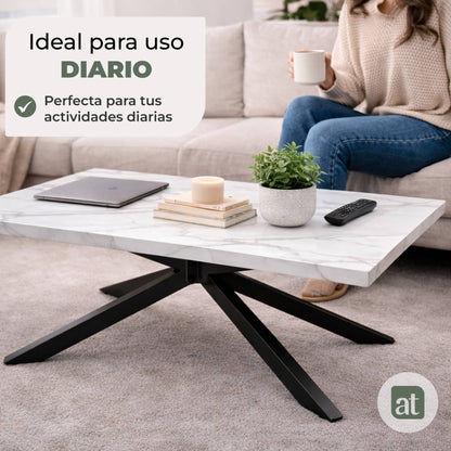 Mesa De Centro Rectangular para Sala Cubierta Madera de MDF y melamina Apariencia de mármol Cuarzo - 110x60x42cm