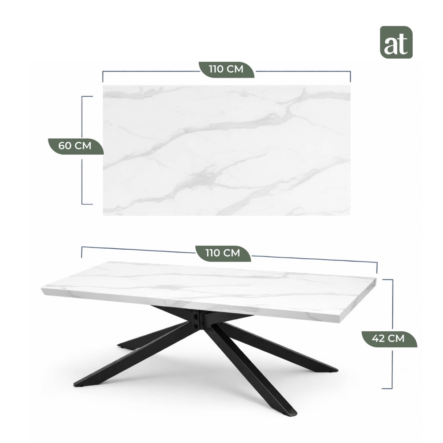 Mesa De Centro Rectangular para Sala Cubierta Madera de MDF y melamina Apariencia de mármol Cuarzo - 110x60x42cm