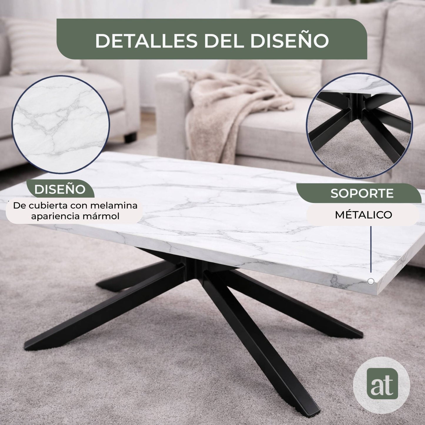 Mesa De Centro Rectangular para Sala Cubierta Madera de MDF y melamina Apariencia de mármol Cuarzo - 110x60x42cm