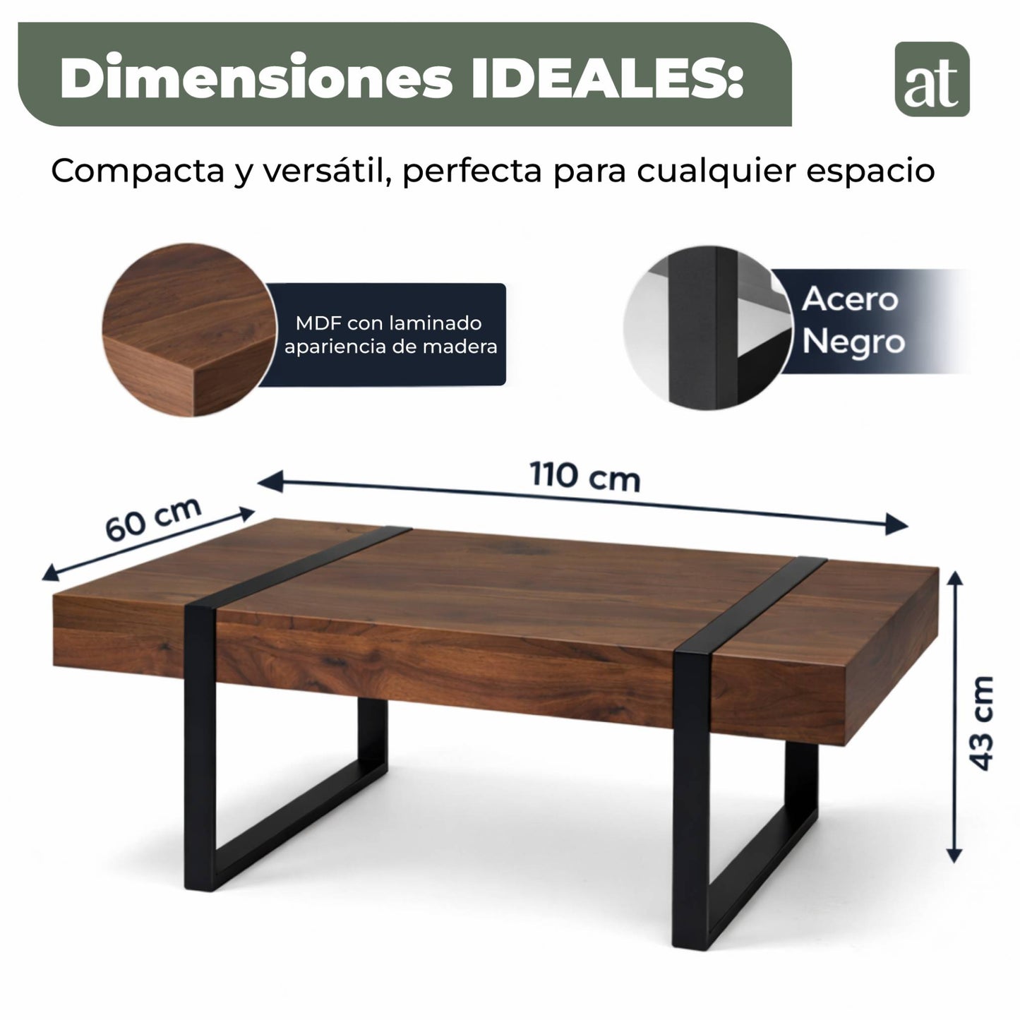Mesa de Sala de Centro Rectangular 110x60x43 cm Acero y MDF