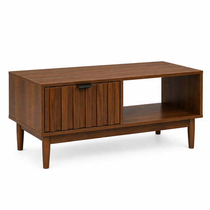 Mesa De Centro para Sala 1 Cajón y 2 Repisas 100x55x45cm Diseño Minimalista Lambrín y Almacenamiento