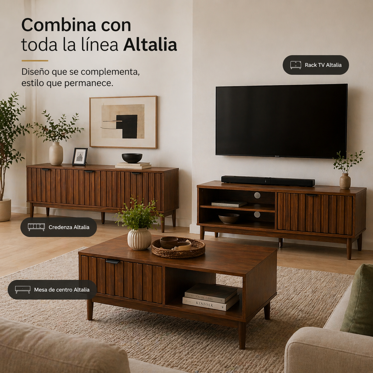 Mesa De Centro para Sala 1 Cajón y 2 Repisas 100x55x45cm Diseño Minimalista Lambrín y Almacenamiento