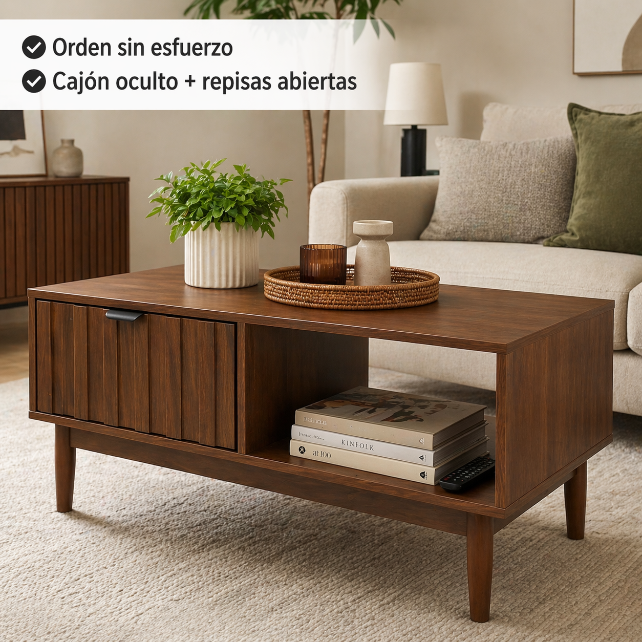 Mesa De Centro para Sala 1 Cajón y 2 Repisas 100x55x45cm Diseño Minimalista Lambrín y Almacenamiento