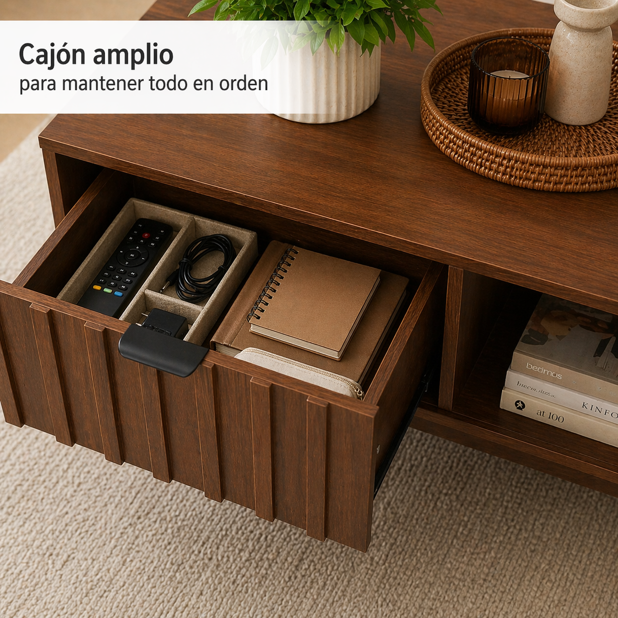 Mesa De Centro para Sala 1 Cajón y 2 Repisas 100x55x45cm Diseño Minimalista Lambrín y Almacenamiento