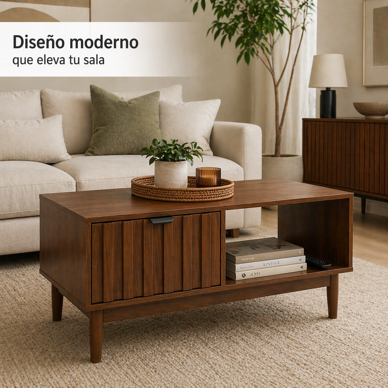 Mesa De Centro para Sala 1 Cajón y 2 Repisas 100x55x45cm Diseño Minimalista Lambrín y Almacenamiento