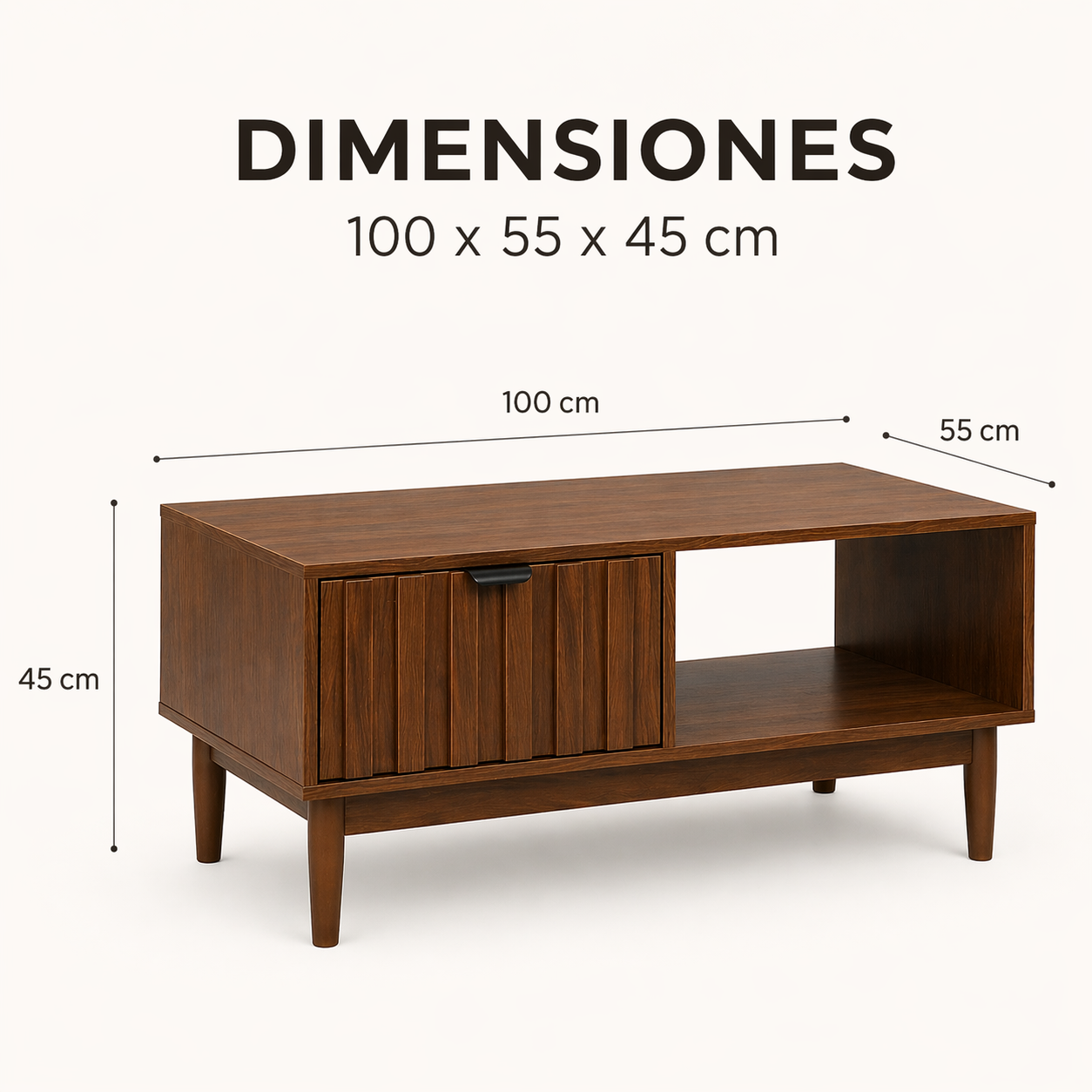 Mesa De Centro para Sala 1 Cajón y 2 Repisas 100x55x45cm Diseño Minimalista Lambrín y Almacenamiento