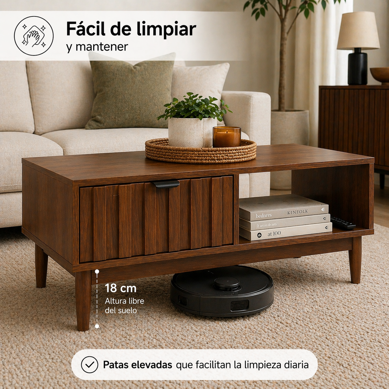 Mesa De Centro para Sala 1 Cajón y 2 Repisas 100x55x45cm Diseño Minimalista Lambrín y Almacenamiento