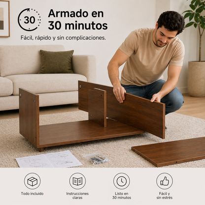 Mesa De Centro para Sala 1 Cajón y 2 Repisas 100x55x45cm Diseño Minimalista Lambrín y Almacenamiento
