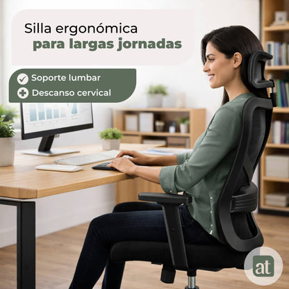 Silla Escritorio ergonomica con cabecera Soporte Lumbar Malla Negro (AHOM18)