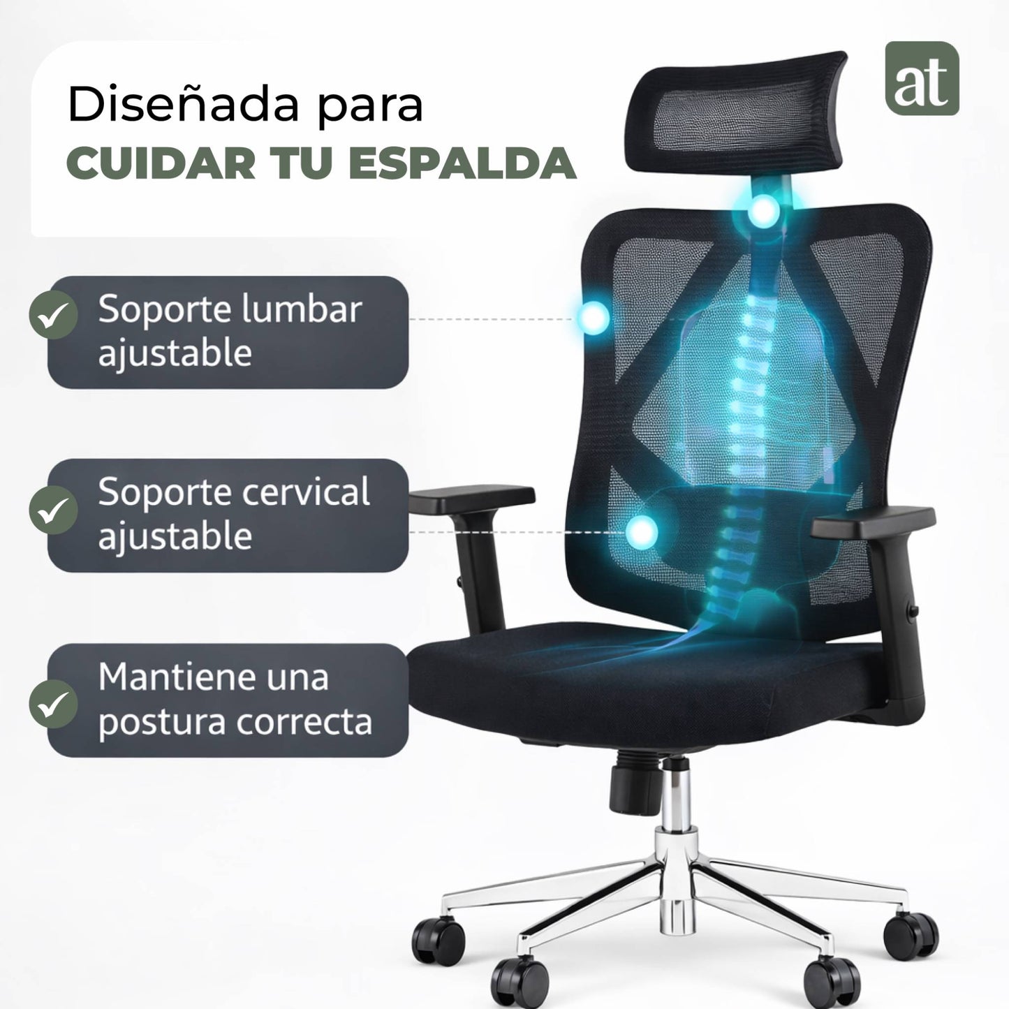 Silla Escritorio ergonomica con cabecera Soporte Lumbar Malla Negro (AHOM18)