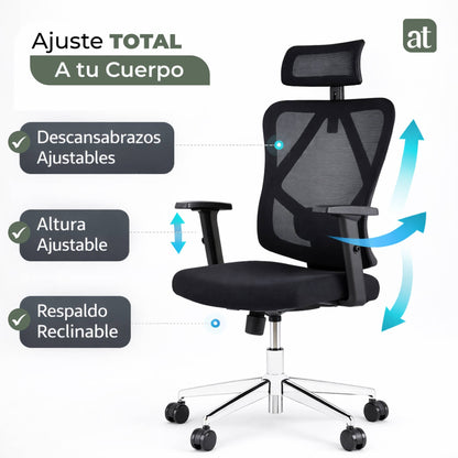 Silla Escritorio ergonomica con cabecera Soporte Lumbar Malla Negro (AHOM18)