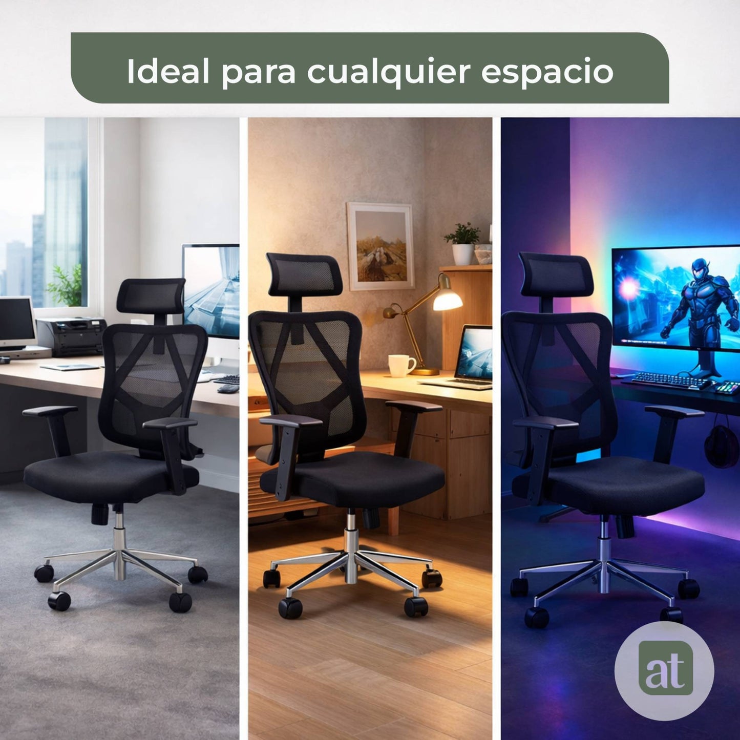 Silla Escritorio ergonomica con cabecera Soporte Lumbar Malla Negro (AHOM18)