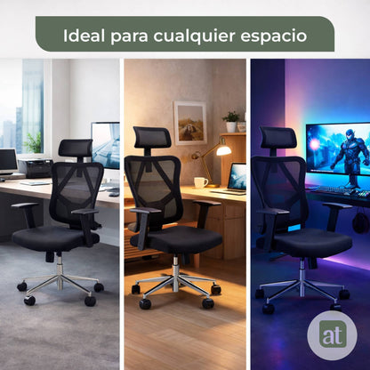Silla Escritorio ergonomica con cabecera Soporte Lumbar Malla Negro (AHOM18)