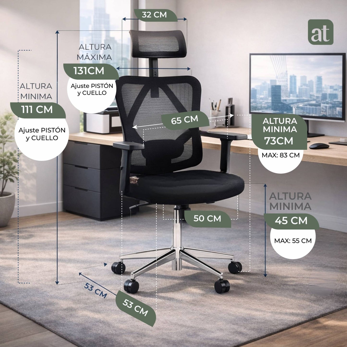 Silla Escritorio ergonomica con cabecera Soporte Lumbar Malla Negro (AHOM18)