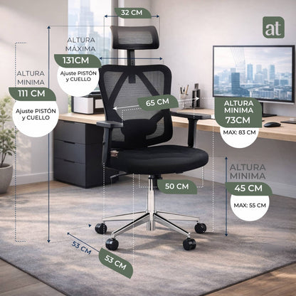 Silla Escritorio ergonomica con cabecera Soporte Lumbar Malla Negro (AHOM18)