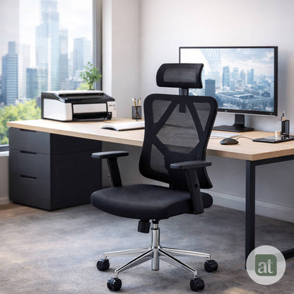 Silla Escritorio ergonomica con cabecera Soporte Lumbar Malla Negro (AHOM18)