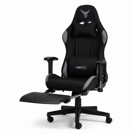 Silla Gamer de Tela Transpirable con Reposapiés y Soporte Lumbar Color Negro