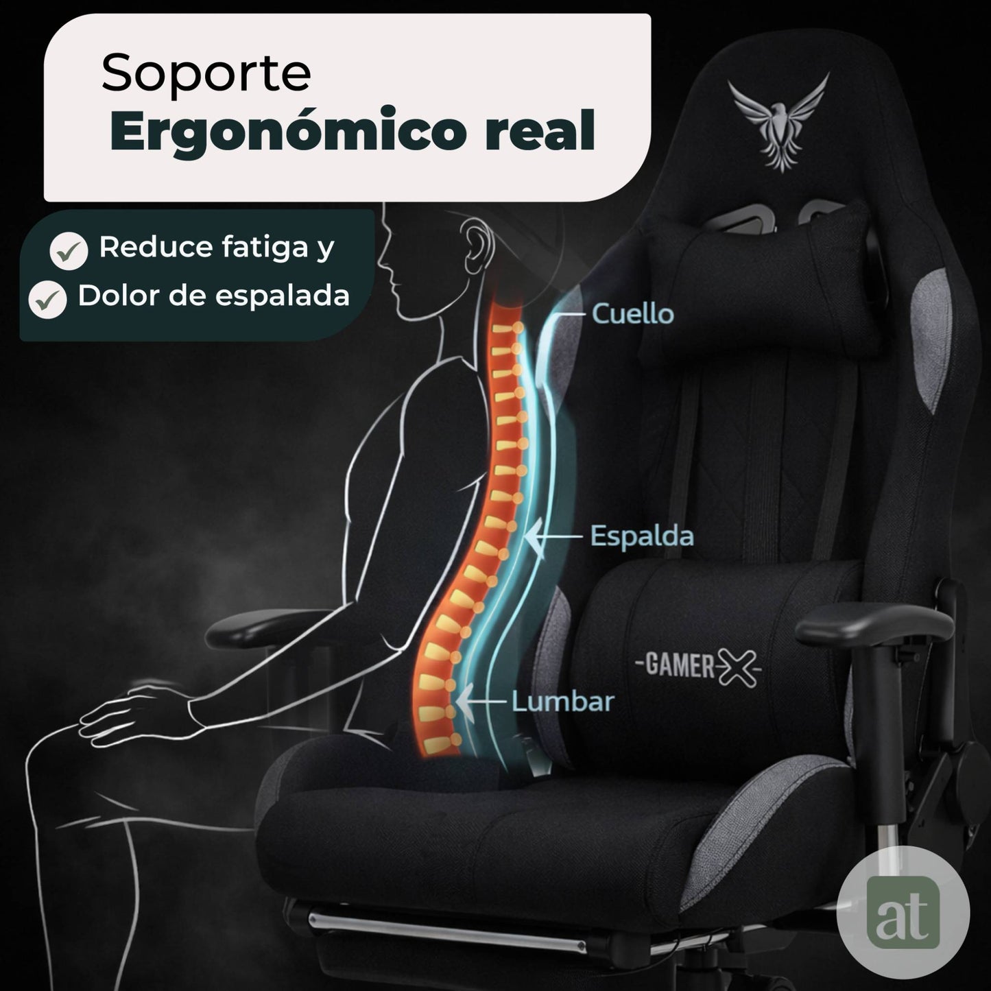 Silla Gamer de Tela Transpirable con Reposapiés y Soporte Lumbar Color Negro