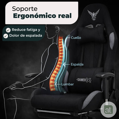 Silla Gamer de Tela Transpirable con Reposapiés y Soporte Lumbar Color Negro