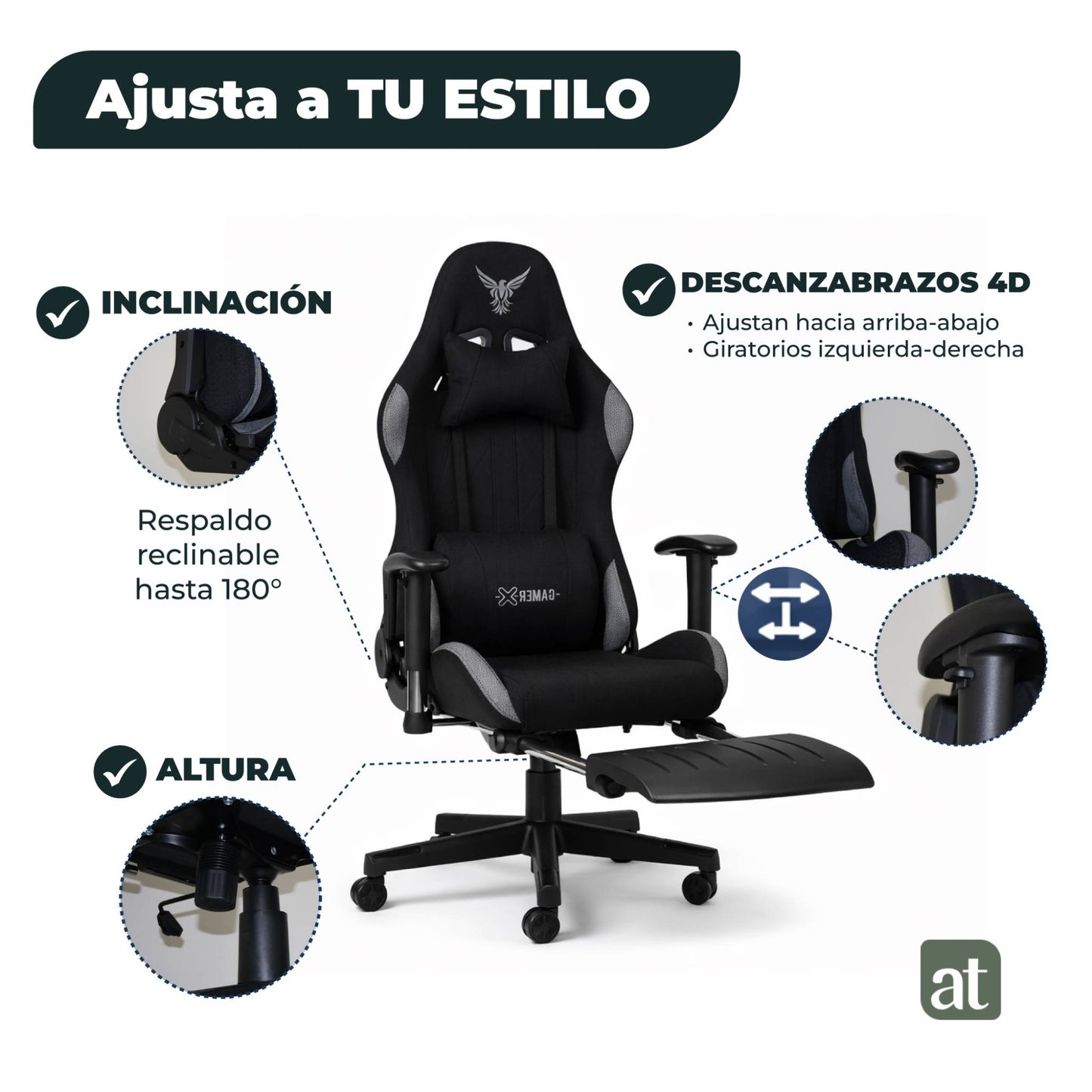 Silla Gamer de Tela Transpirable con Reposapiés y Soporte Lumbar Color Negro
