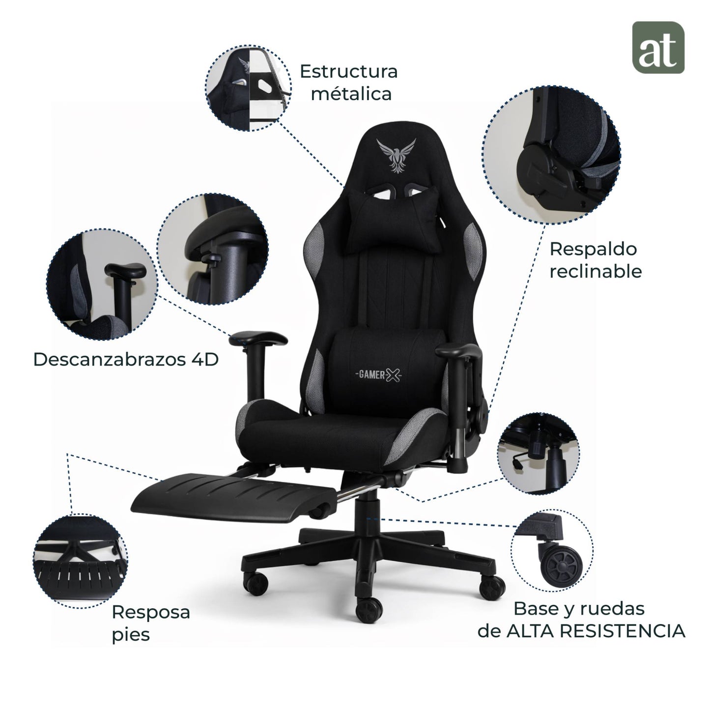 Silla Gamer de Tela Transpirable con Reposapiés y Soporte Lumbar Color Negro