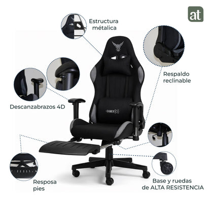 Silla Gamer de Tela Transpirable con Reposapiés y Soporte Lumbar Color Negro