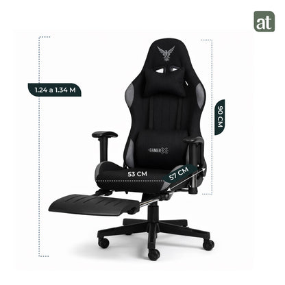 Silla Gamer de Tela Transpirable con Reposapiés y Soporte Lumbar Color Negro