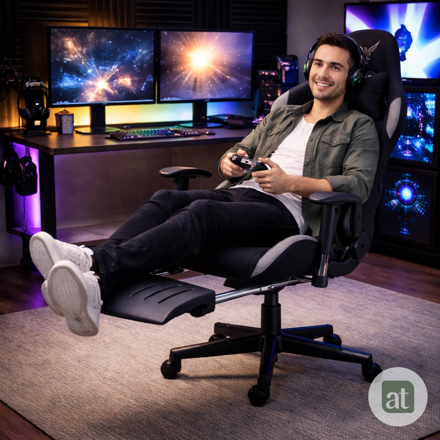 Silla Gamer de Tela Transpirable con Reposapiés y Soporte Lumbar Color Negro